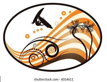 groovy grunge vector tropical design with windsurfer in the air