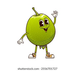 Groovy guava character or funny retro cartoon fruit with happy face, vector emoji. Groovy guava with cute smile and Hi Hello hand gesture for comic silly emoticon and funky fruit cartoon character