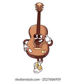 O personagem de desenho animado da guitarra Groovy fica mais para cima. Engraçado instrumento musical de corda retrô de pé com cara feliz. Mascote de música, adesivo de guitarra acústica funky dos anos 70 estilo ilustração vetor dos anos 80