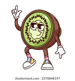 Groovy half kiwi cartoon character dancing and smiling. Funny retro dance of tropical fruit with juicy green pulp and peel. Food mascot, cartoon kiwi sticker of 70s 80s style vector illustration