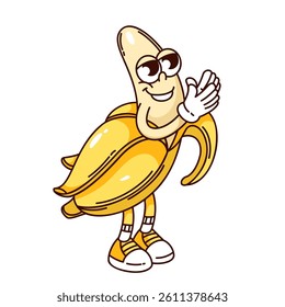 Groovy half open banana cartoon character with happy smile. Funny retro yellow joyful personage with cute face and peel. Fruit mascot, cartoon banana sticker of 70s 80s style vector illustration