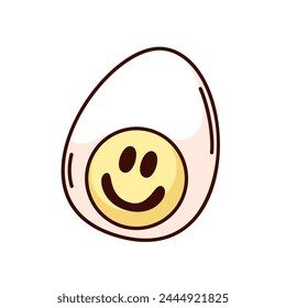 Groovy half peeled boiled egg cartoon character with funny face. Funny retro egg with smile on yellow yolk, happy morning food mascot, cartoon breakfast sticker of 70s 80s style vector illustration