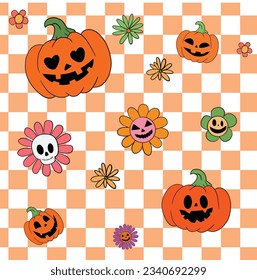 Groovy Halloween Background with pumpkin jack o latern and hippie flower, spooky season, scary, checked background