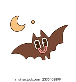 Groovy Halloween bat character with moon. Trippy spooky elements. Walking Retro cartoon mascot. Contour hand drawn vector illustration.