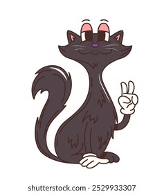 Groovy personaje de gato negro de Halloween con gesto de signo de paz hippie para vacaciones, Vector de dibujos animados. Divertido gato negro de bruja personaje de dibujos animados retro con sonrisa de cara feliz para el truco de Halloween o fiesta de trato