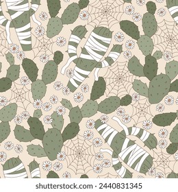 Groovy Halloween cactus in egyptian mummy bandage costume among cobweb and flowers vector seamless pattern. Hand drawn retro October 31 holiday howdy wild west aesthetic background.