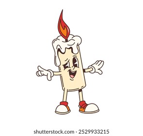 Groovy Halloween candle character with funny face for horror night holiday, cartoon vector. Funky groovy candle with silly smile or cool gesture for Halloween trick or treat character in retro cartoon