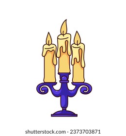 Groovy Halloween candles in candlestick vector illustration. Cartoon isolated retro sticker of vintage spooky old candelabra with magic flame burning in night, Halloween celebration chandelier