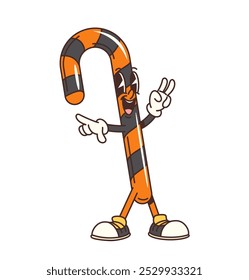 Groovy Halloween candy cane character in retro cartoon for horror holiday, vector comic. Groovy funky candy cane with smiling face and hippie peace gesture for Halloween trick or treat character