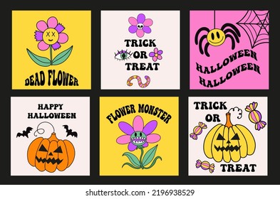 Groovy halloween cards in retro 70s style. Trick or treat. The power of monster flowers. Colorful scary poster with bat, pumpkin, vampire. vector illustration