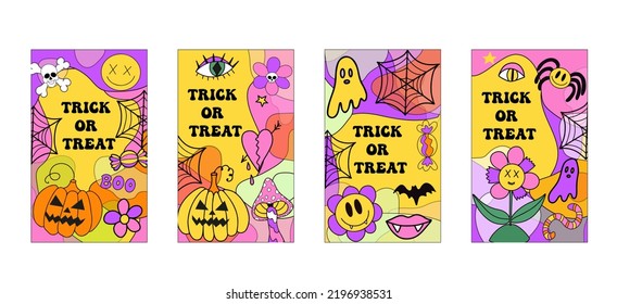 Groovy halloween cards in retro 70s style. Trick or treat. The power of monster flowers. Colorful scary poster with bat, pumpkin, vampire. vector illustration