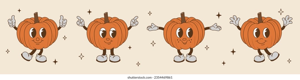 Groovy halloween cartoon pumpkins set. Tis the season. Vector illustration