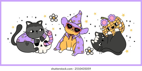 Groovy Halloween Cat Happy Retro Cartoon character Lined Doodle banner