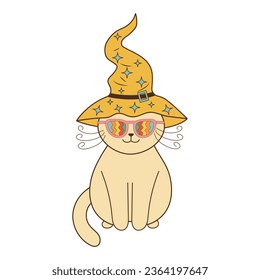 Groovy halloween cat in rainbow glasses and witch hat. Psychedelic hippie character. 