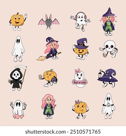 Groovy Halloween character collection featuring cute and playful designs of witches, ghosts, pumpkins, and skeletons in a retro, colorful style. Vector illustration