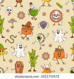 Groovy Halloween characters seamless pattern. Helloween horror holiday vector background with cartoon hippie pumpkins, psychedelic ghosts and funky skulls. Groovy Halloween trick or treat characters