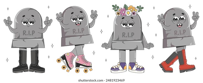 Groovy Halloween characters. Set of cute cartoon Grave. Vector illustration in trendy retro style.