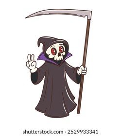 Groovy Halloween death reaper character for holiday horror monsters, vector retro cartoon. Funky groovy death reaper with scythe, happy smiling skeleton skull face and peace sign gesture for Halloween