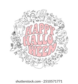 Groovy Halloween design with the text "Happy Halloween" in pink, surrounded by playful, hand-drawn characters and spooky elements in a retro outline style. Vector illustration