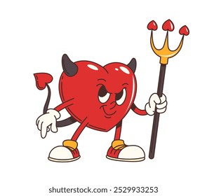 Groovy Halloween devil heart cartoon character with trident and evil face, vector retro comic monster. Funny heart with devil horns and sullen smile for Halloween holiday retro cartoon emoji character