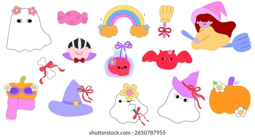 elementos de halloween groovy definidos com fantasma, arco-íris, abóbora, bruxa, zumbi e doce