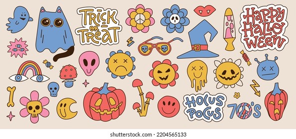 Groovy halloween elements set in retro groovy 70s style. Psychedelic collection of hippie design flowers and characters. The power of monster flowers. Linear hand drawn vector illustration.