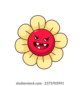 Groovy Halloween flower character vector illustration. Cartoon isolated retro floral sticker, daisy emoji with red spooky angry face and yellow petals, weird chamomile mascot for Halloween party