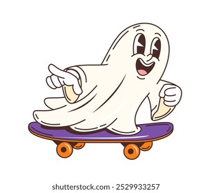 Groovy Halloween ghost character on skateboard for horror holiday, vector cartoon boo. Halloween holiday and horror night trick or treat party groovy cartoon character of funky ghost riding skateboard