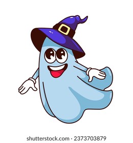 Groovy Halloween ghost character vector illustration. Cartoon isolated retro sticker of happy flying phantom with hat of witch, psychedelic funky smile on blue face, funny spooky Halloween monster