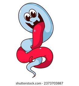 Groovy Halloween ghost character vector illustration. Cartoon isolated retro psychedelic Halloween sticker of happy blue flying phantom with long snake red tongue and funky expression on funny face