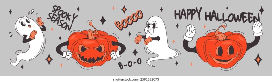 Groovy Halloween ghost and pumpkin set isolated on grey background. Vector cartoon illustration of spooky white monster and creepy jack lantern mascots, autumn holiday symbols, party banner pattern