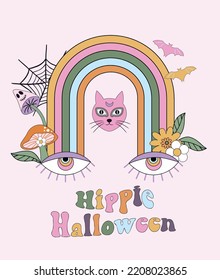 Groovy halloween graphic in retro 70s style. Trendy hippie halloween composition of rainbow cat mushroom and bat. 