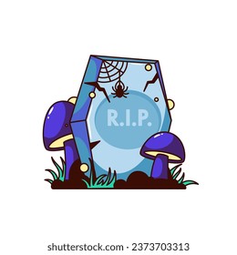 Grave Groovy Halloween en ilustración vectorial del cementerio. Caricatura aislada de miedo retro pegatina espeluznante de la vieja lápida con hongos trippies psicodélicos y araña en la web, fiesta de Halloween en el cementerio