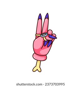 Groovy Halloween hand with V fingers vector illustration. Cartoon isolated retro psychedelic sticker of Halloween, spooky arm of dead witch on bone with victory gesture, rings and purple long nails