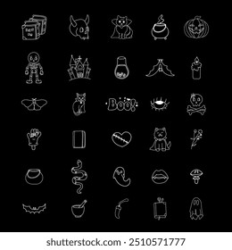 Groovy Halloween icon set in black and white, featuring minimalist spooky designs like skulls, cats, ghosts, bats, and potions with a retro aesthetic. Vector illustration