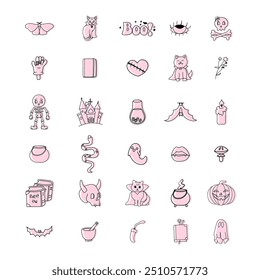 Groovy Halloween icon set in soft pink tones, featuring spooky elements like skulls, cats, ghosts, bats, and potions, all in a retro, minimalist style. Vector illustration