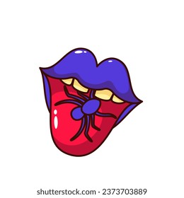 Groovy Halloween lips with tongue vector illustration. Cartoon isolated retro sinister psychedelic sticker of open mouth with female purple lips, teeth and spider, fashion glamour and spooky makeup