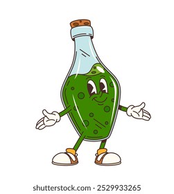 Groovy Halloween Zaubertrank Flasche Charakter für Horror Nacht Urlaub, Cartoon Vektor. Groovy funky Hexe Trank oder magische Elixier-Flasche mit lustigem Gesicht und glücklichem Lächeln für Halloween-Charakter