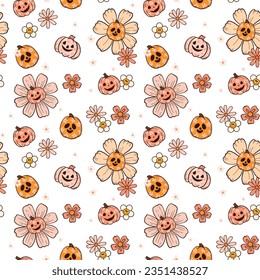 Patrón de halloween Groovy con calabazas florales al estilo de los años 70 retro. Ilustración de elementos de diseño hippie. Vector