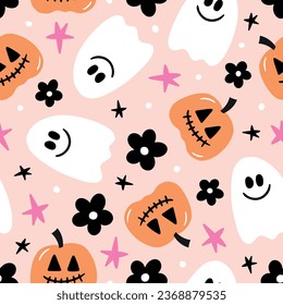 Groovy Halloween Pattern Pumpkin background halloween background ghosts seamless pattern Halloween seamless pattern spooky pattern