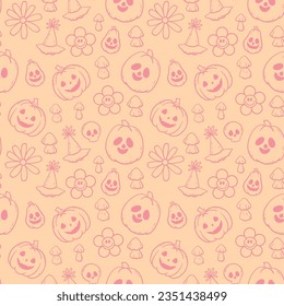 Groovy halloween pattern with pumpkins and ghost in retro 70s style. Illustration of hippie design elements. Vector