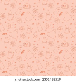 Groovy halloween pattern with pumpkins and ghost in retro 70s style. Illustration of hippie design elements. Vector