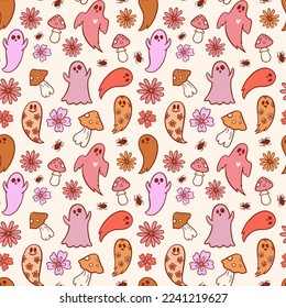 Groovy halloween pattern with pumpkins in retro 70s style. Psychedelic pink illustration of hippie design elements. Vector