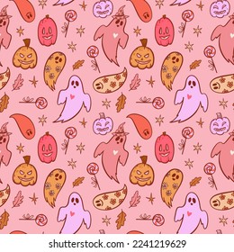 Groovy halloween pattern with pumpkins in retro 70s style. Psychedelic pink illustration of hippie design elements. Vector