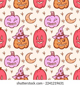 Groovy halloween pattern with pumpkins in retro 70s style. Psychedelic pink illustration of hippie design elements. Vector