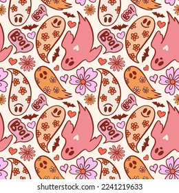 Groovy halloween pattern with pumpkins in retro 70s style. Psychedelic pink illustration of hippie design elements. Vector