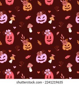 Groovy halloween pattern with pumpkins in retro 70s style. Psychedelic pink illustration of hippie design elements. Vector