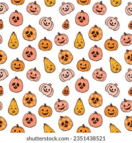 Groovy halloween pattern with pumpkins in retro 70s style. Illustration of hippie design elements. Vector