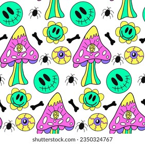 Groovy halloween pattern in retro 70s style. Psychedelic hippie design Y4K. Vector illustration