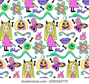 Groovy halloween pattern in retro 70s style. Psychedelic hippie design Y4K. Vector illustration